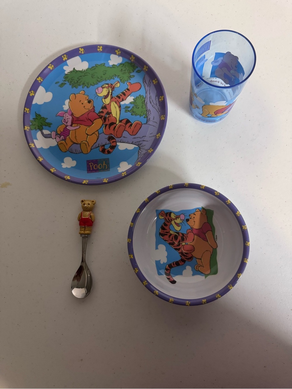 Vintage Disney Winnie the Pooh Melamine Dinnerware Set 4pc - Plate Bowl Cup Spoo